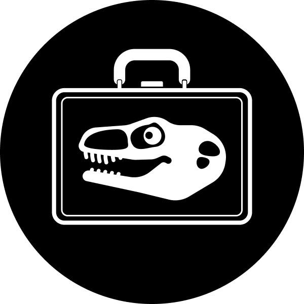 Dinosaur Lunchbox logo: Black and white drawing of a smiling dinosaur skull on a metal lunchbox.
