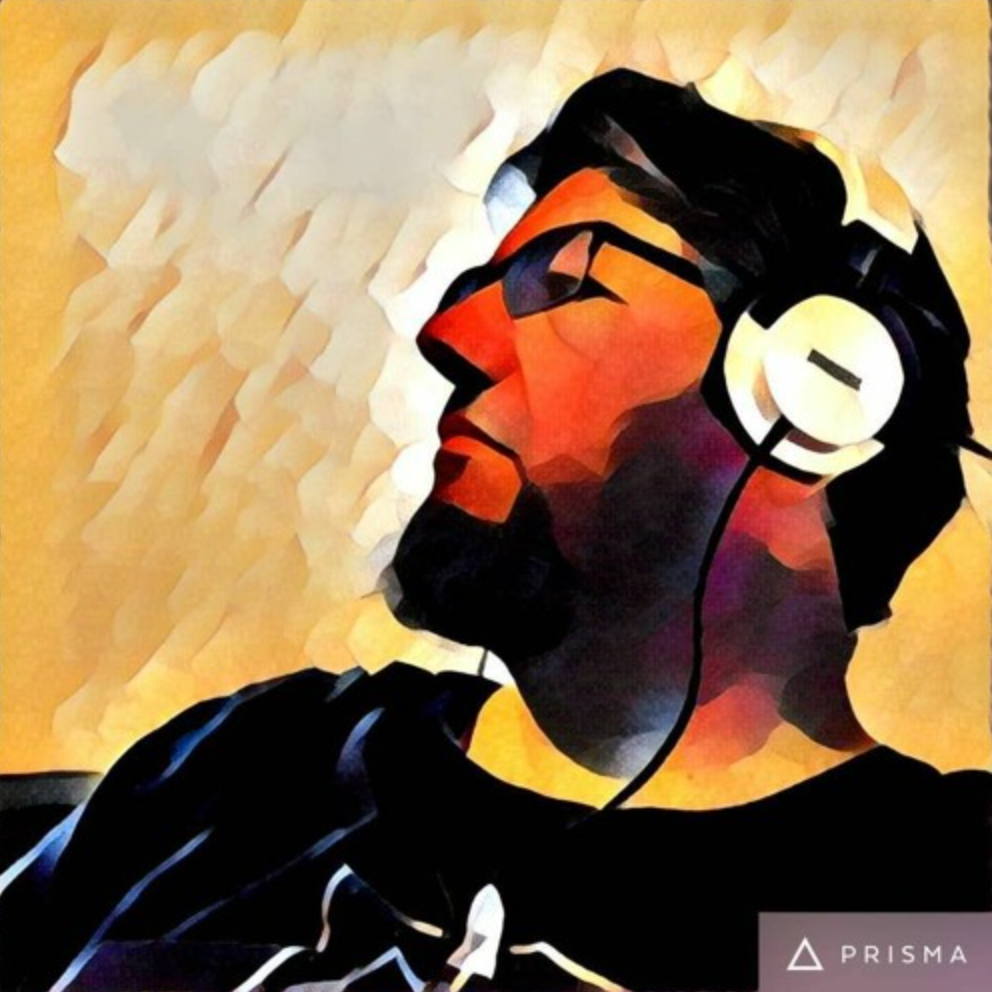 Stylized picture of me looking very profound and wearing headphones.